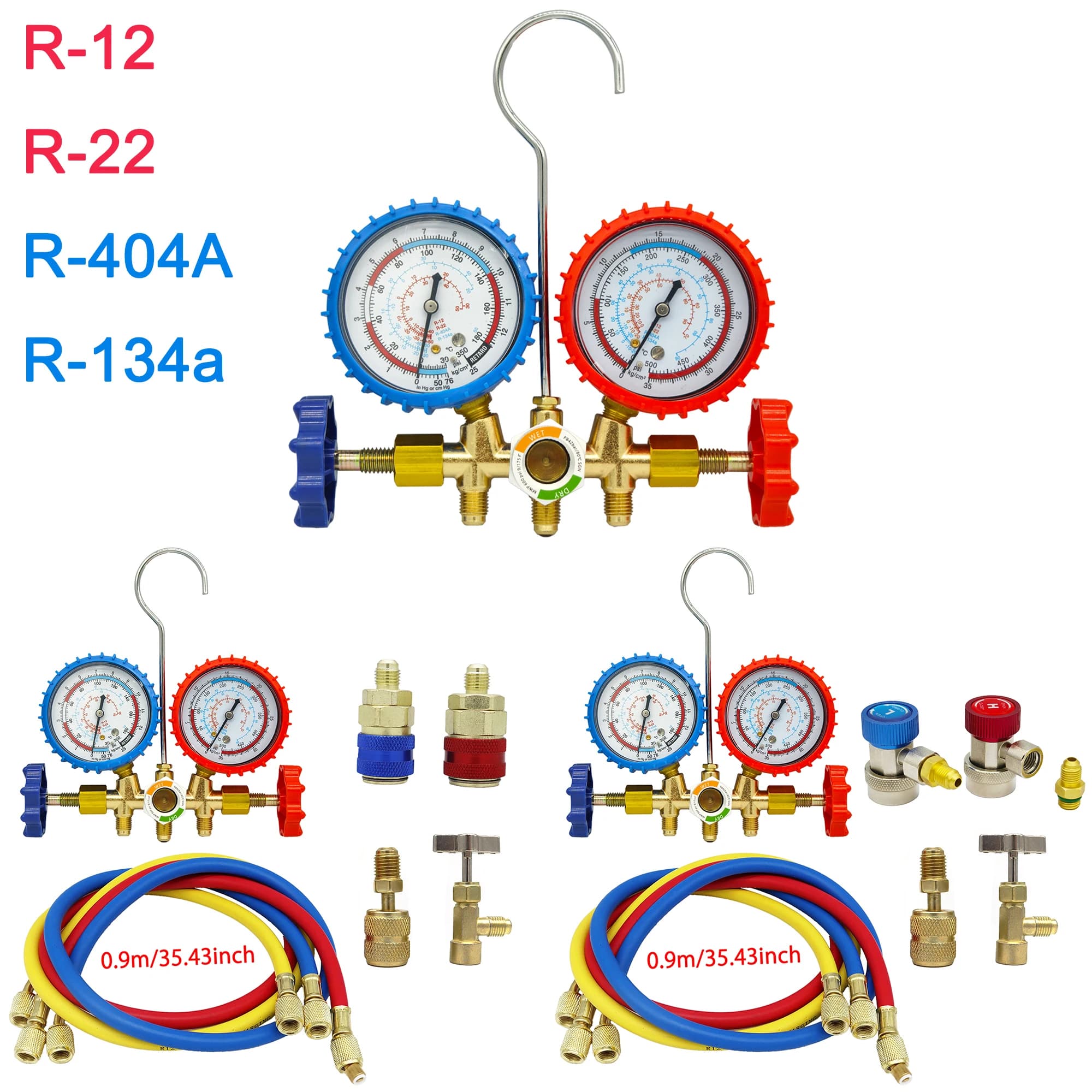 Set di manometri a 3 vie per climatizzazione con tubi flessibili per R12/R22/R404A/R134a | Strumento Diagnostico per Refrigeranti HVAC Automobilistici