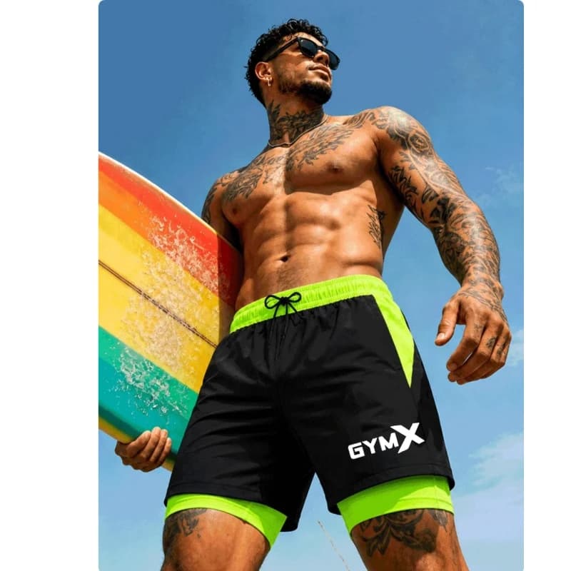 Men'S 2-In-1 Double Layer Swimming Trunks Fitness Letter Print Quick Dry Surf Beach Fitness Swimming Shorts Elastic Drawstring