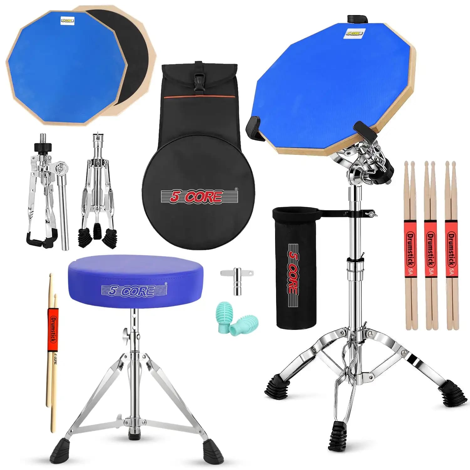 5 Core Drum Throne sgabello per chitarra regolabile sedile imbottito + Drum Practice Pad Snare Drumming Stand DS CH BLU + DPAD COMBO BLU