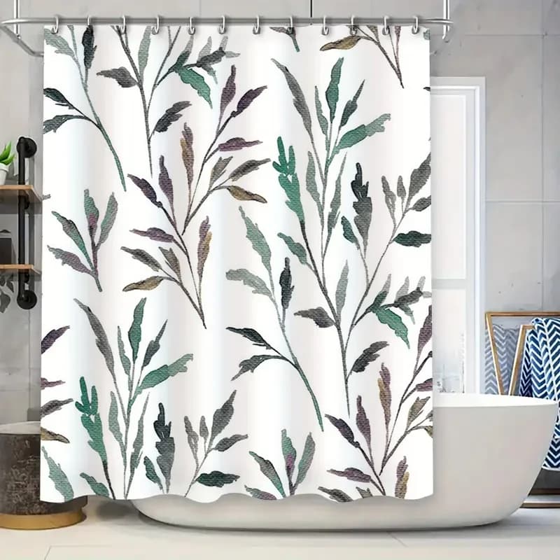 Elegante tenda da doccia con motivo botanico, decorazione impermeabile per bagno, design floreale verde, bianco (180x180 cm)