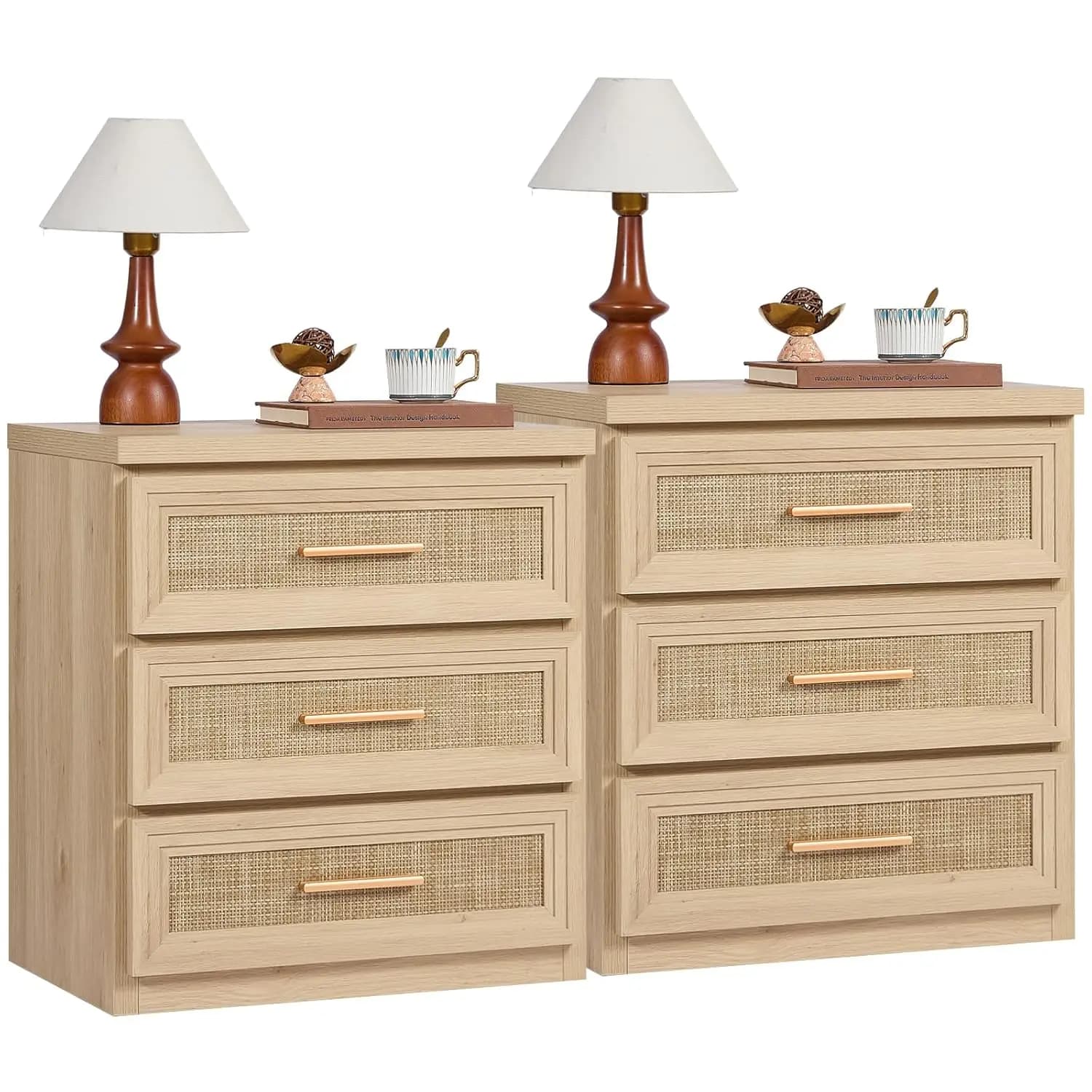 Set di 2 Comodini in Rattan Scanalato da 26 Pollici con 3 Cassetti e Maniglie in Metallo, Naturale, Personalizzabile