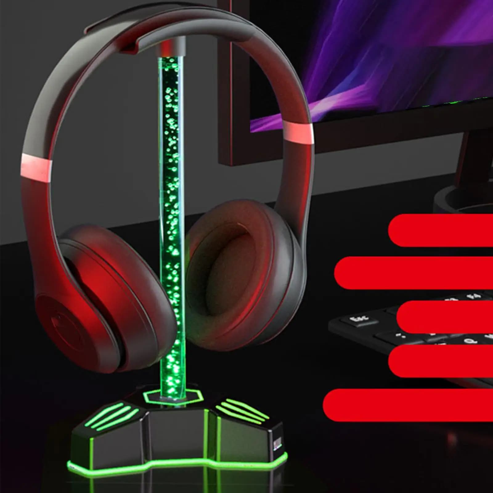 Supporto per auricolare Bluetooth con luce LED RGB Supporto per cuffie Gancio per cuffie con 2 porte Hub USB 2.0 + porta audio AUX da 7,1 canali da 3,5 mm