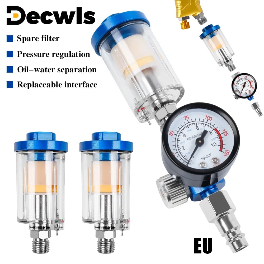 Air Oil And Water Filter With Pressure Regulator, EU Interface (Replaceable), 1/4'' Thread, For Spray Guns And Pneumatic Tools