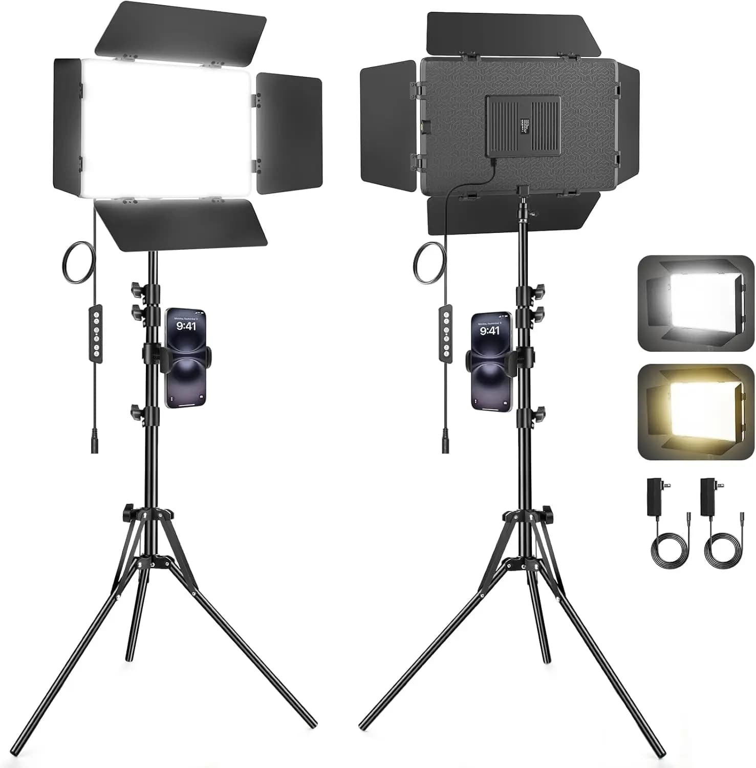 LED Lighting Kit for Studio with 2 Lights and Barndoors, 30W, Tripod, CRI 98+ for Recording and Streaming
