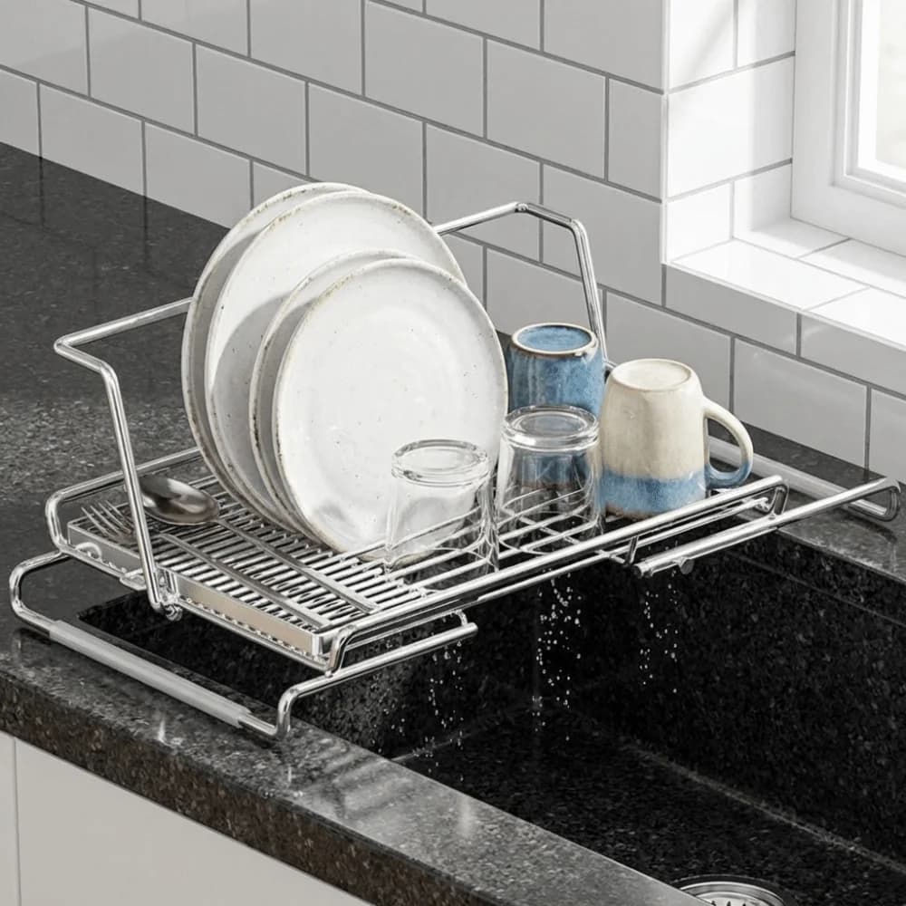 Stainless Steel Telescopic Dish Rack Non-Slip Adjustable Sink Drain Basket Space Saving Dish Drying Rack Countertop