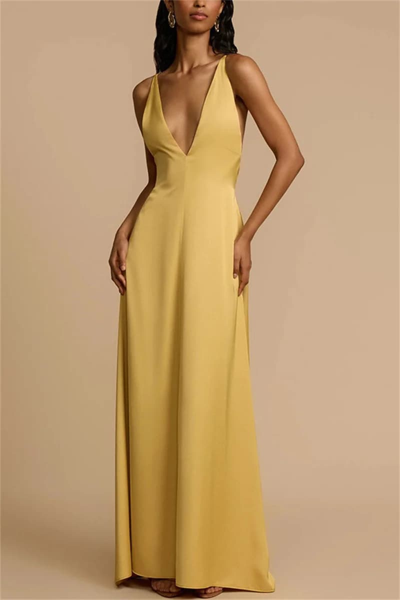 Abiti sexy con scollo a V profondo in raso con fionda Abito lungo da donna chic senza maniche con orlo sottile e schiena scoperta 2025 Abiti lunghi per le vacanze estive femminili