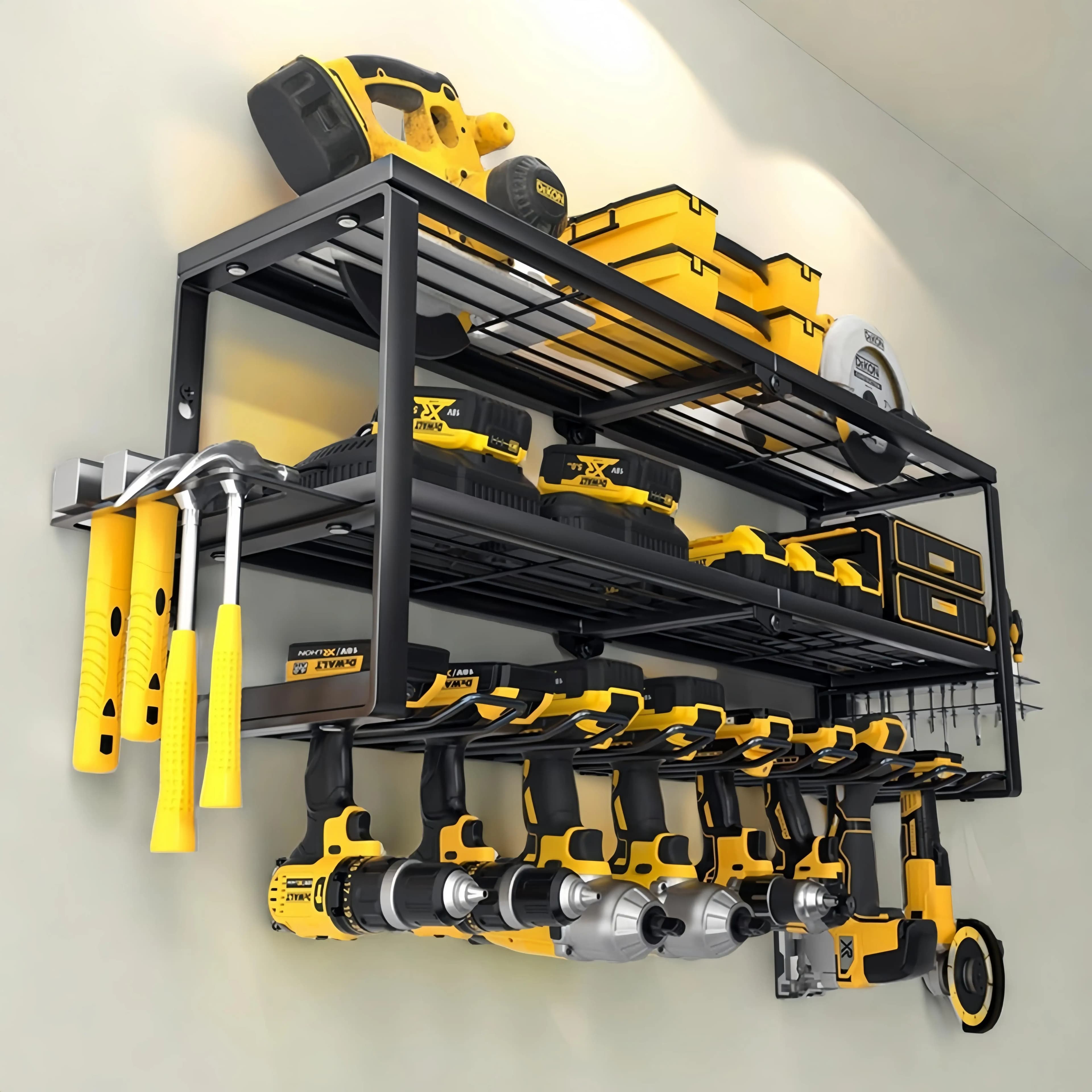Heavy Duty Wall Mounted Power Tool Organizer 3-Tier Electric Drill Holder Rack 7 Slots 150lbs Capacity Metal Storage Shelf Space Saving Hardware Bracket for Garage Workshop Utility Room