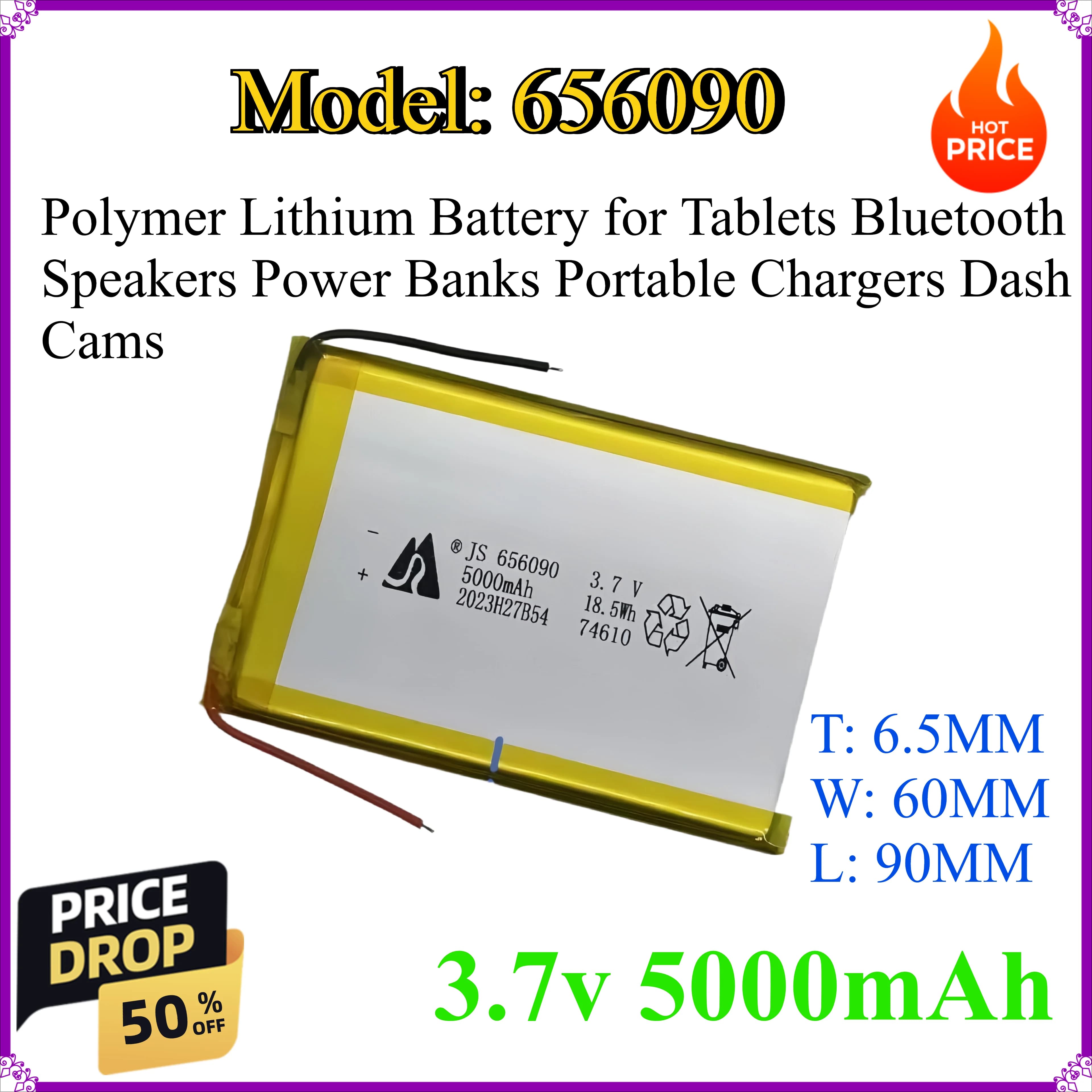 Batteria al Litio Polimero 656090 5000mAh 3.7v per Tablet, Altoparlanti Bluetooth, Power Bank, Caricabatterie Portatili, Dash Cam