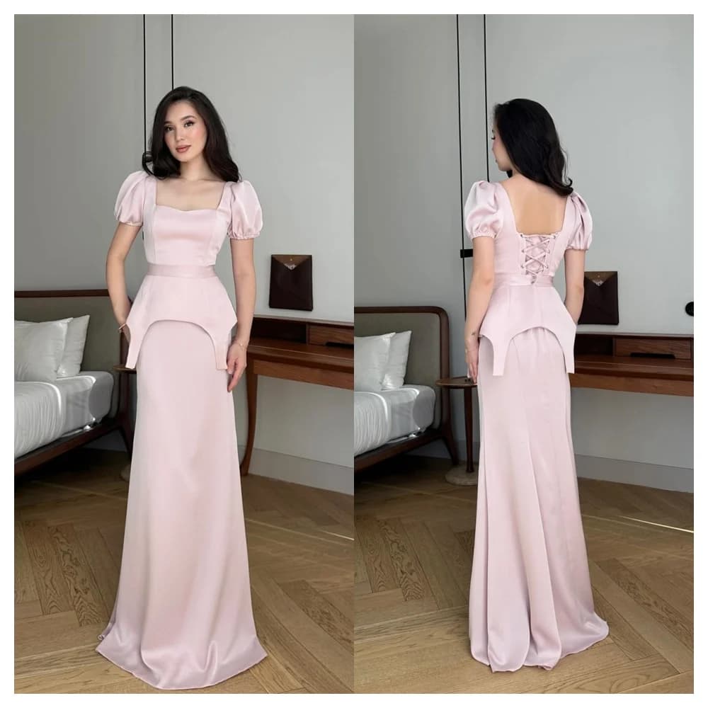 Customized Simple Pink Satin Evening Dress Fashion Square Collar Short Sleeves Party Dress Formal Floor Length Celebri