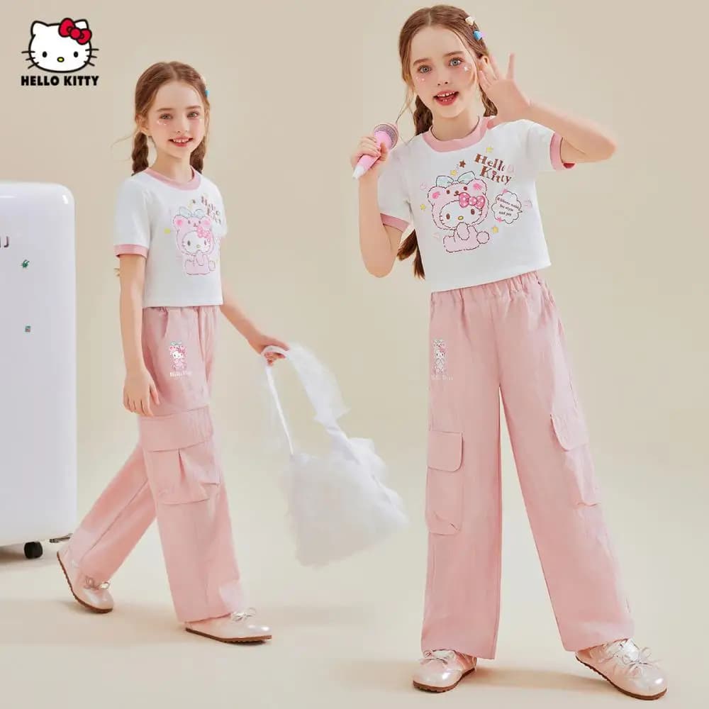 Sanrio Hello Kitty Ragazze Estate Manica Corta Set Nuovo Stile di Abbigliamento da Lavoro Abbigliamento per Bambini T-Shirt Pantaloni Cartoon Top Pantaloni 3-18Y