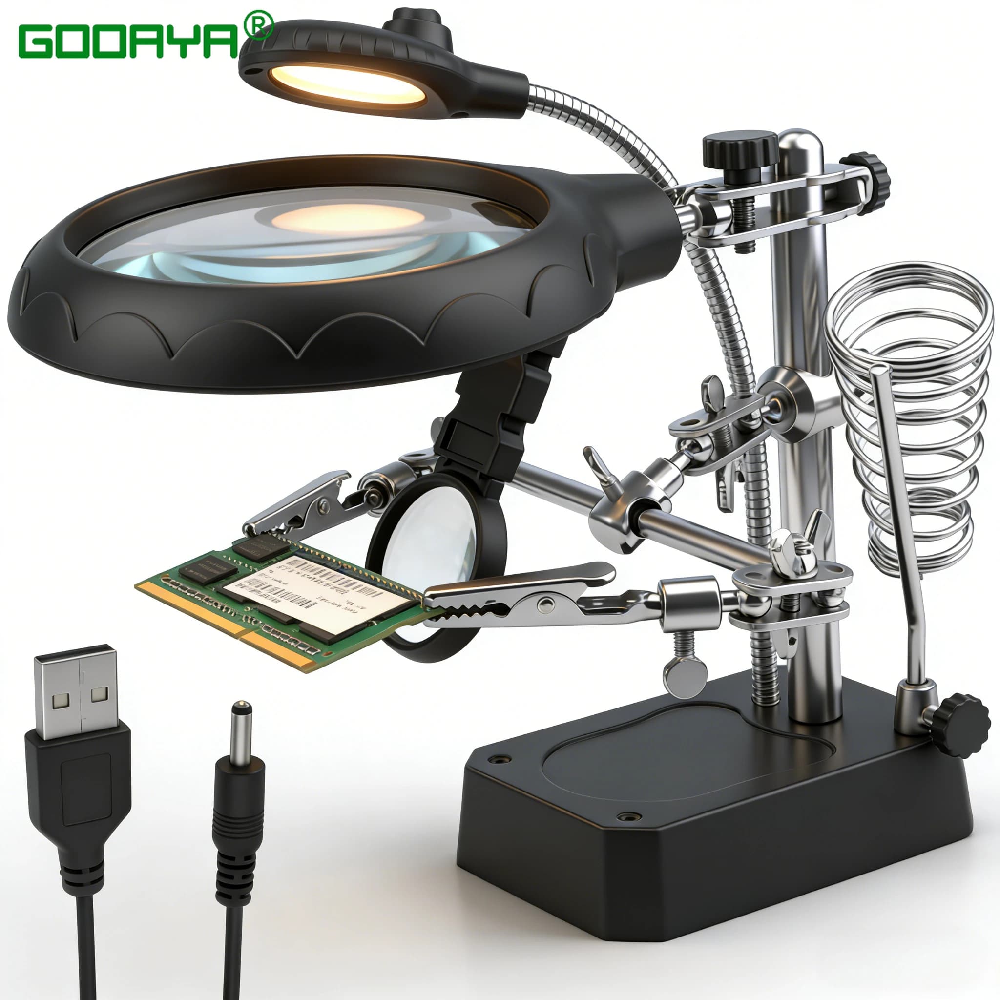 Lente d'ingrandimento da tavolo con supporto per saldatore, strumento per saldatura con lente d'ingrandimento, morsetto a pinza a coccodrillo con LED per riparazione schede