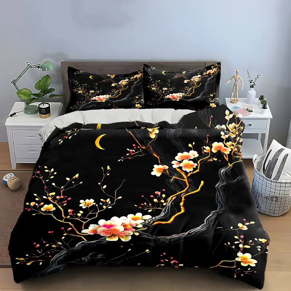 Set di biancheria da letto con decorazioni floreali notturne, con 1 copripiumino e 2 federe, singolo, matrimoniale, king, queen, regalo