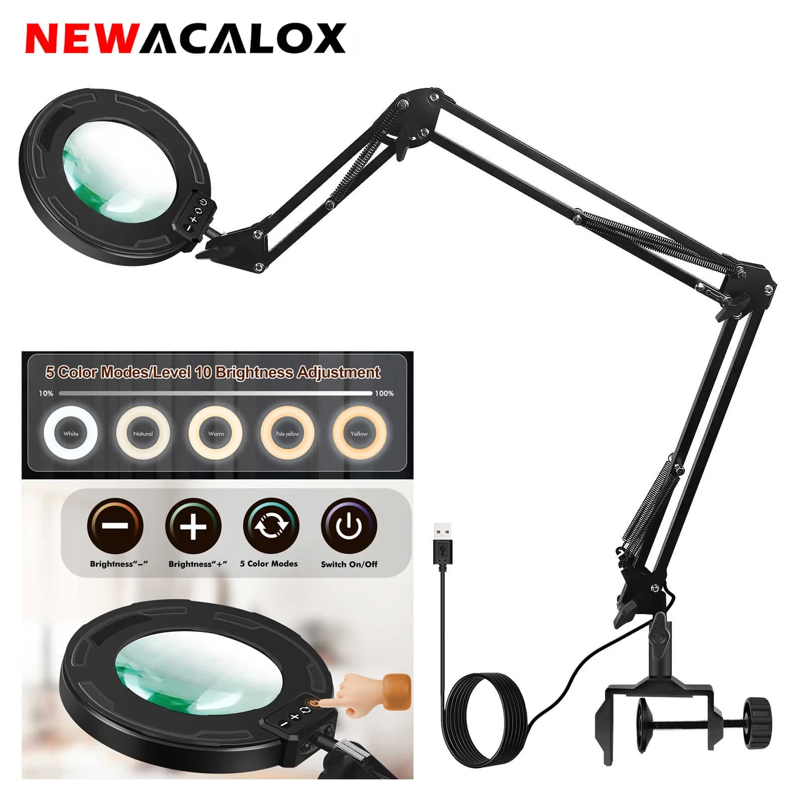 NEWACALOX Update Magnifying glass Light 5 colors Table lamp Magnifying glass 5X Diameter 110mm Lens Lighting Welding tool