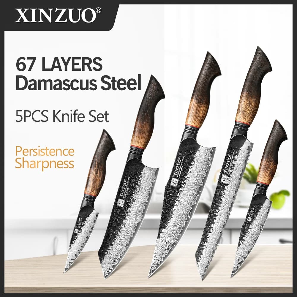 XINZUO 1-5PCS Coltello da cucina in acciaio di Damasco 10Cr15CoMov Nucleo in acciaio per tagliare verdure e frutta Coltello da cucina per uso domestico