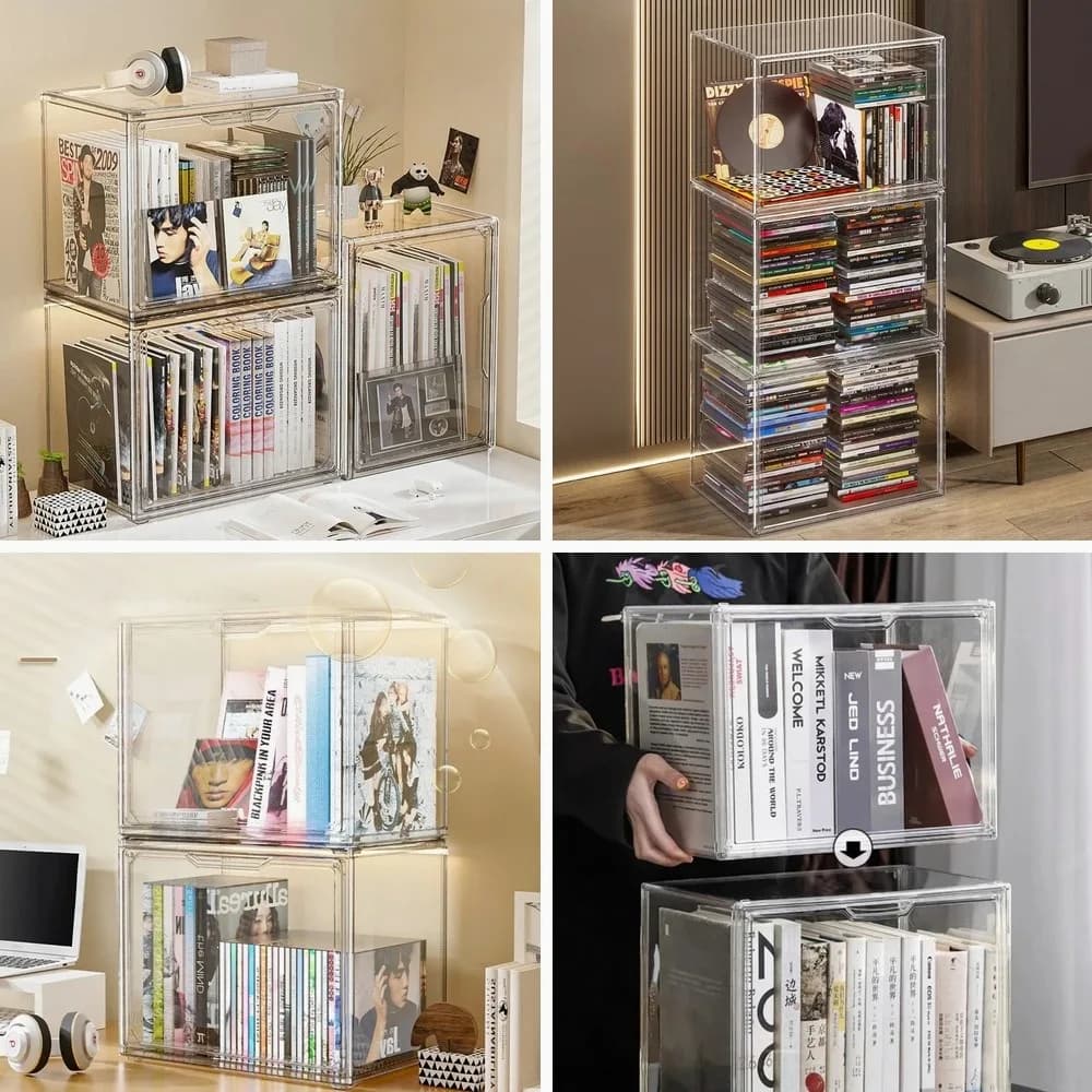 Transparent Storage Box Organizer Bookshelf, Desktop Dustproof Display Cabinet for Books, CDs, Magazines & Albums