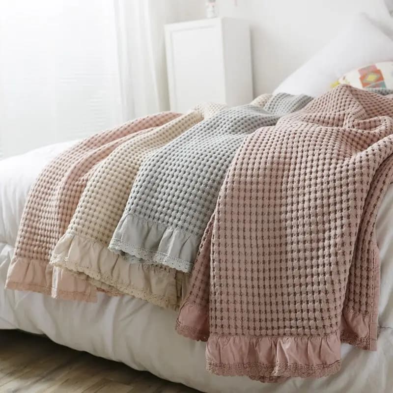 Coperta 100% cotone puro, coperta a nido d'ape, coperta con motivo a chicchi di mais in rilievo, coperta estiva con bordo arricciato e griglia calda, coperta in garza