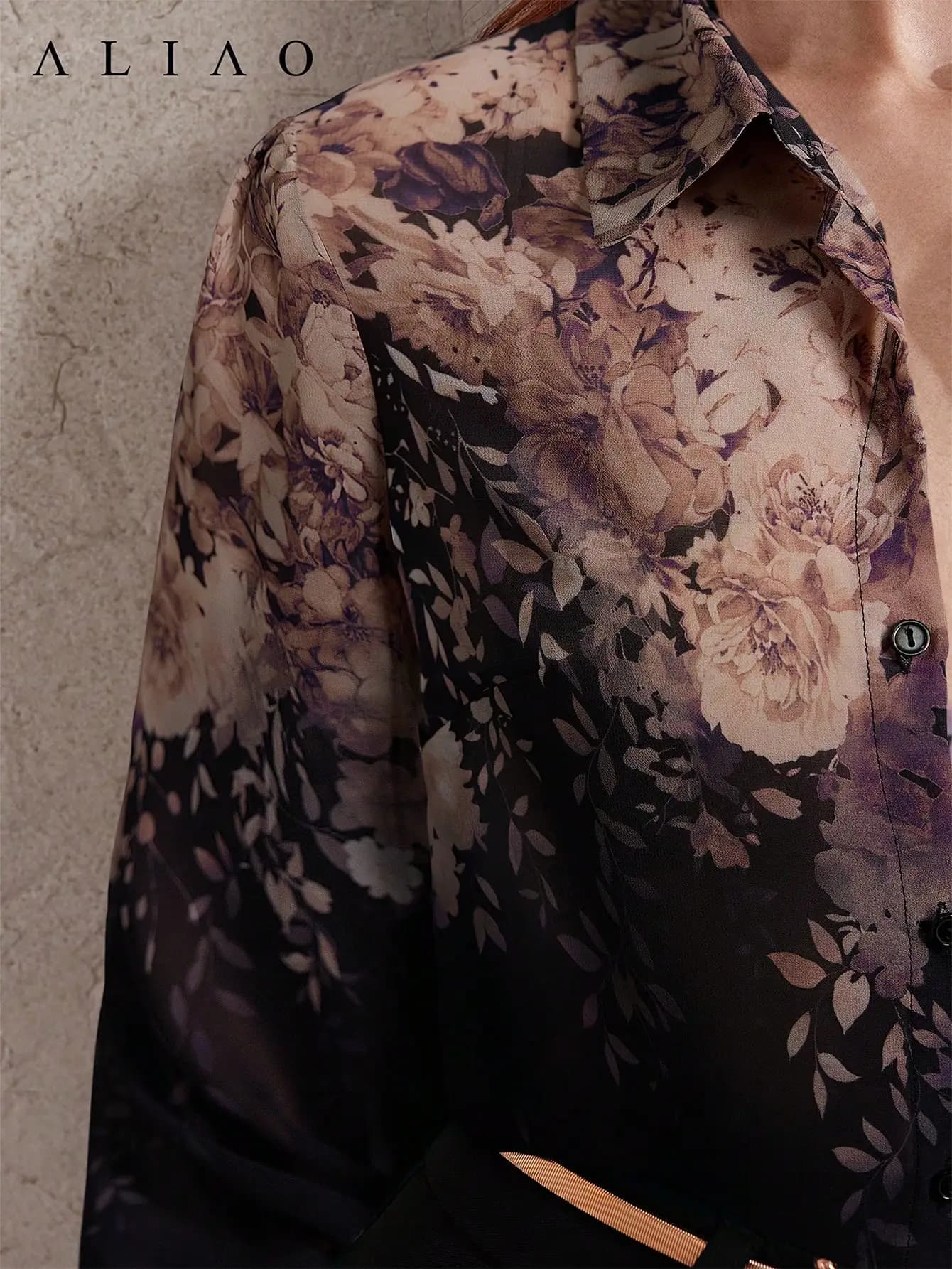 Elegant Floral Print Sheer Long Sleeve Blouse Button Up Women