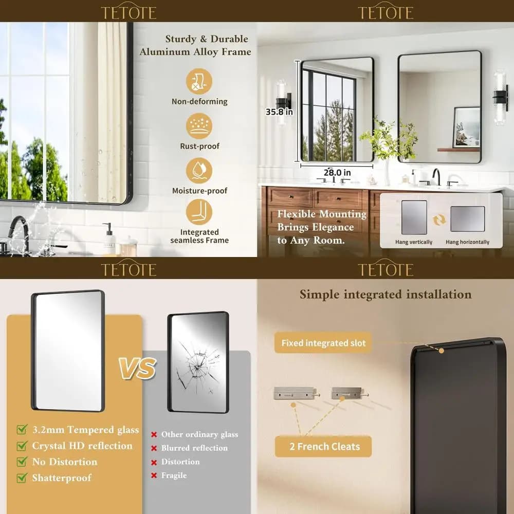 Specchio da bagno in vetro temperato 36 x 28, da parete, con cornice nera opaca, adatto per bagno, ingresso, camera da letto, soggiorno (Ho