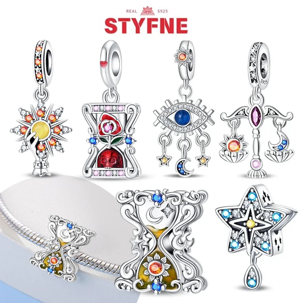 Ciondoli di carte dei tarocchi squisiti in argento sterling 925 con rosa rossa, stella, luna, adatti per bracciale originale, regali fai da te per le donne