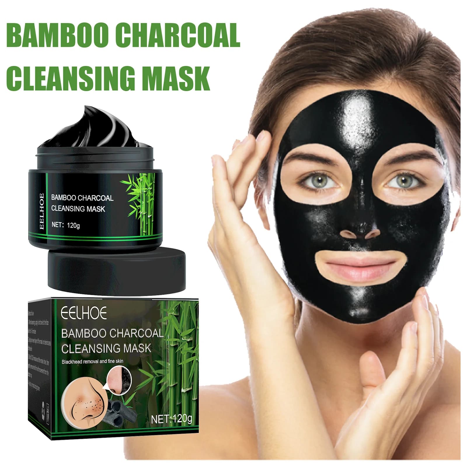 Maschera detergente al carbone di bambù per punti neri e acne, maschera di fango per la cura della pelle, rimozione dei punti neri, restringimento dei pori, esfoliante, levigante per il viso, controllo del sebo.