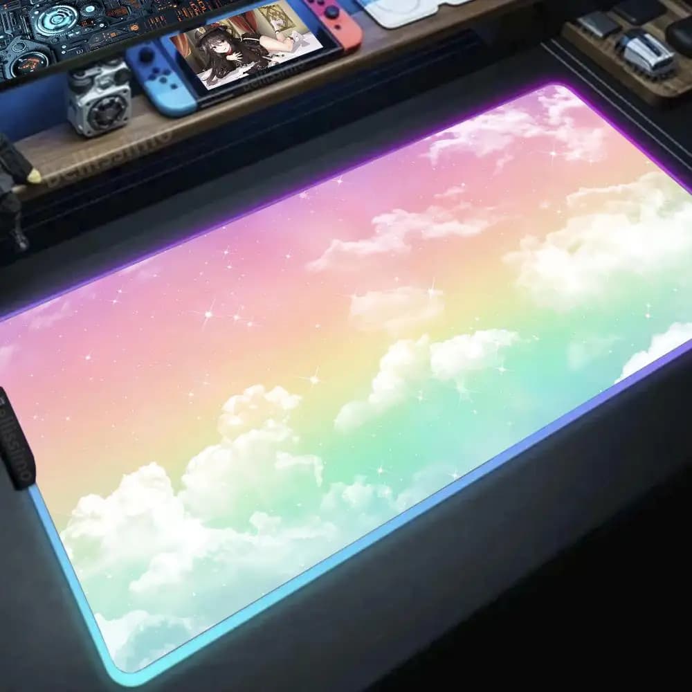 Tappetino per mouse con nuvole colorate e arte viola, RGB Gaming XXL, accessori da ufficio per gamer, articoli popolari e carini, computer con LED luminosi