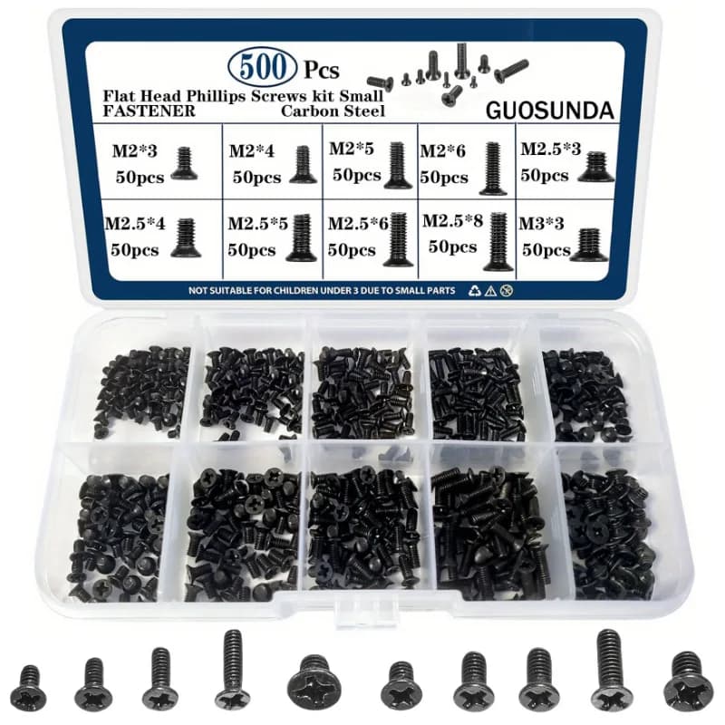 Scatola kit viti per computer piccolo da 500 pezzi, kit viti nere per laptop con testa piatta Phillips M3 M4 per disco rigido SSD asus PC portatile