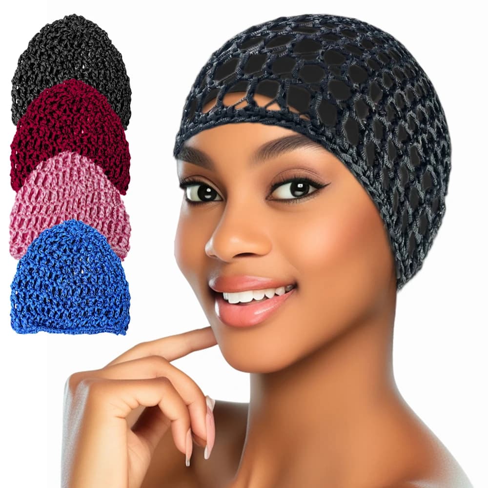 4PCS Candy Color Women Mesh Hair Net Cap Handmade Crochet Cap Kufi Caps Snood Night Sleep Cover turbante Hat accessori per capelli