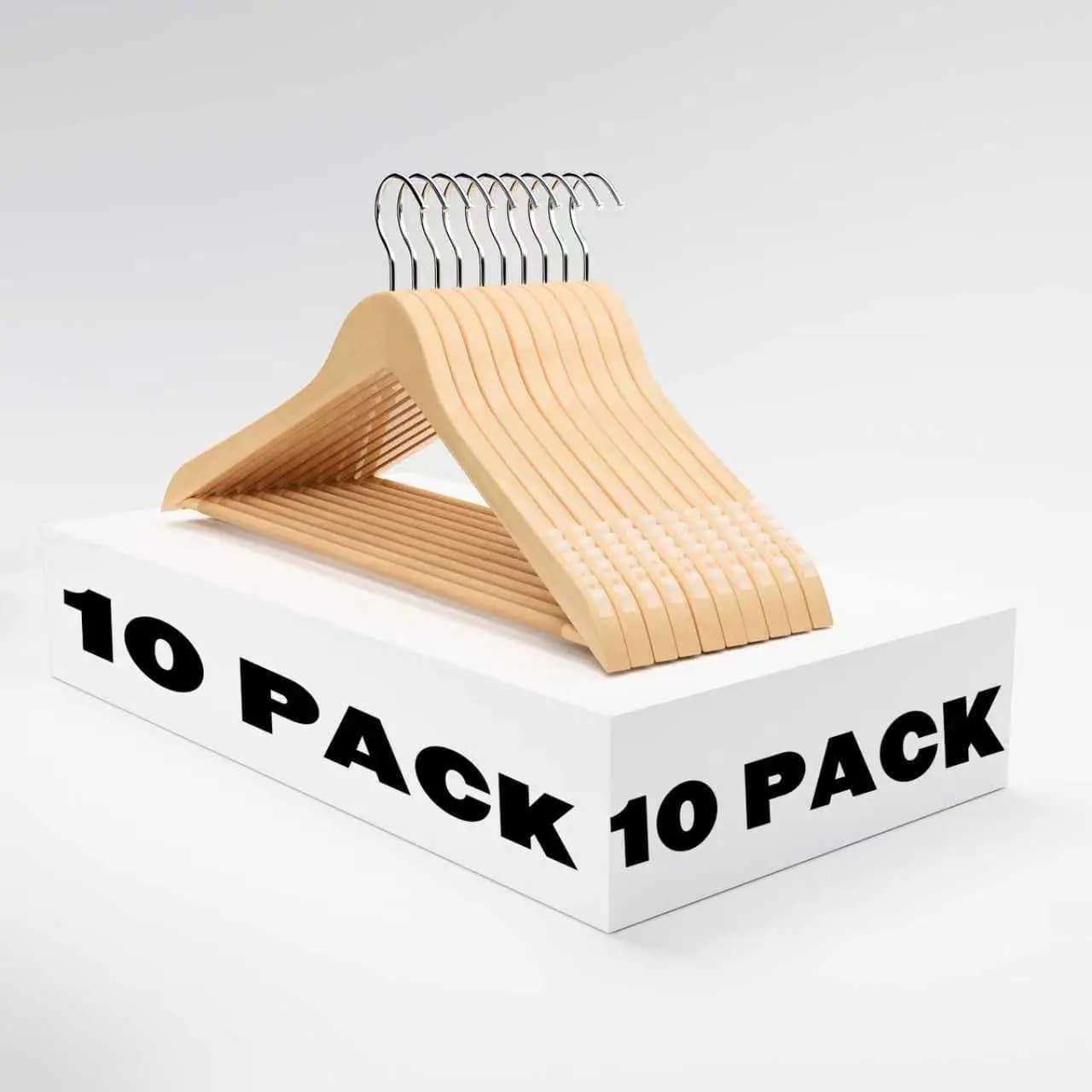 Confezione da 10 appendiabiti in legno massello con rotazione a 360° ° Gancio Girevole, Barra Antiscivolo per Pantaloni, Giacche, Abiti e Vestiti Pesanti
