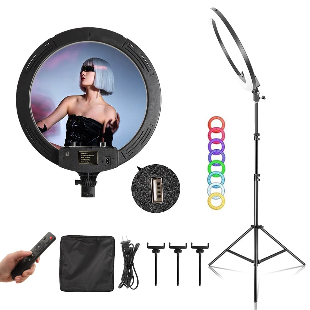 Lampada ad anello selfie dimmerabile per fotografia RGB da 18 pollici con clip per telefono con treppiede per studio fotografico Youtube dal vivo