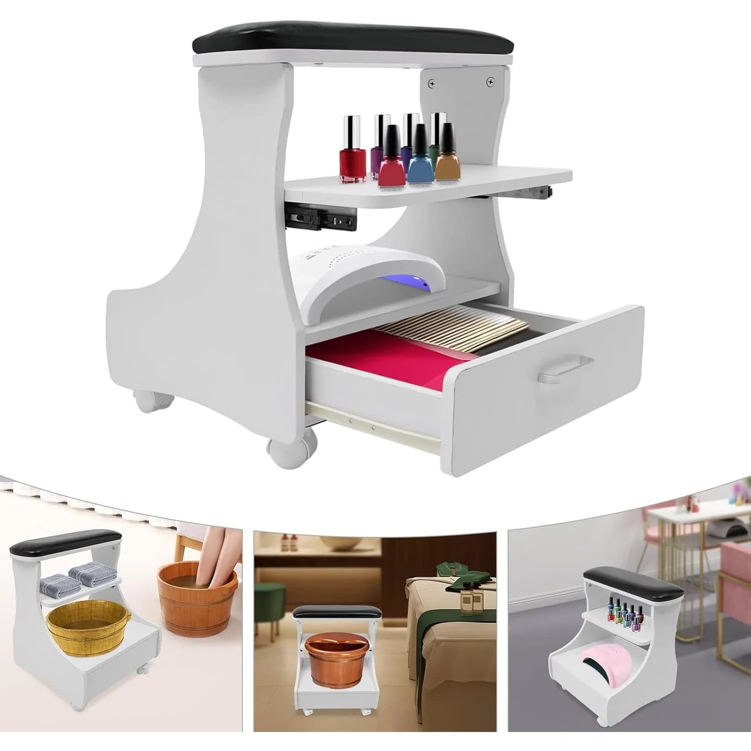Poggiapiedi per Pedicure e Manicure, Sgabello per Pediluvio con 4 Ruote Universali con Freni, Carrello Spa per Piedi, Supporto per Unghie e Piedi