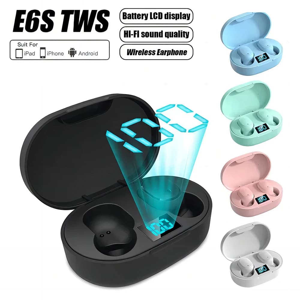 Auricolare wireless Bluetooth TWS, cuffie, cuffie stereo, auricolari sportivi, microfono con scatola di ricarica per smartphone E6S