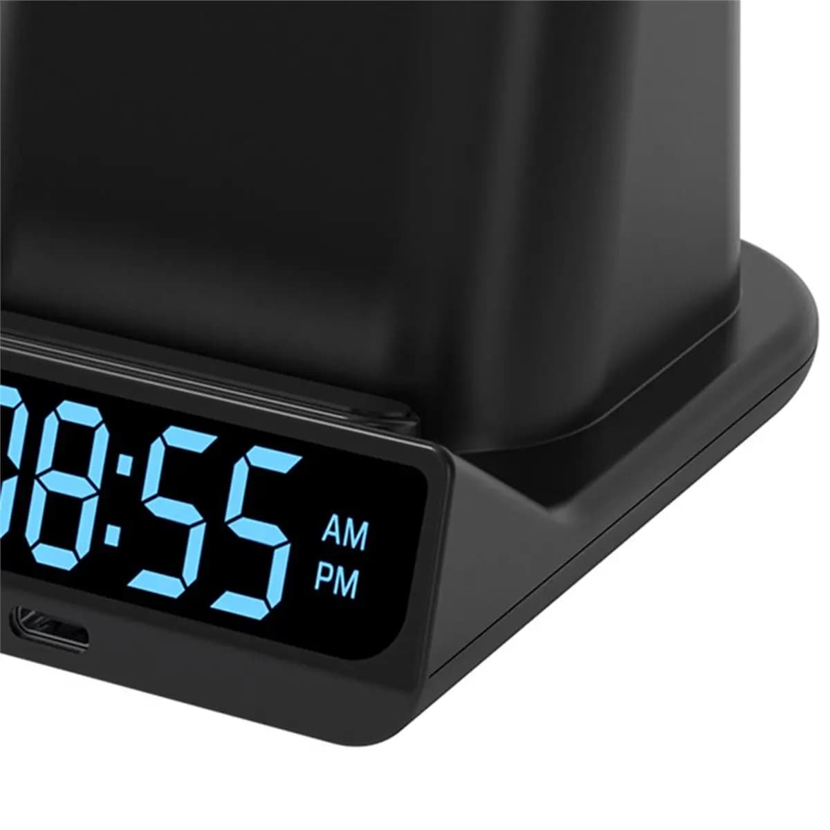 A32I Pen Holder Storage Box Electronic LED Alarm Clock with Brightness Adjust 15W Wireless Charger Table Clock Black