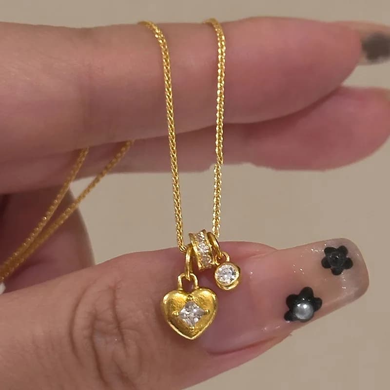 Medieval Style Golden Hearthaped Lock Zircon Necklace, Elegant And Delicate Collar Chain For Ladies And Girls, A Jewelry Gift