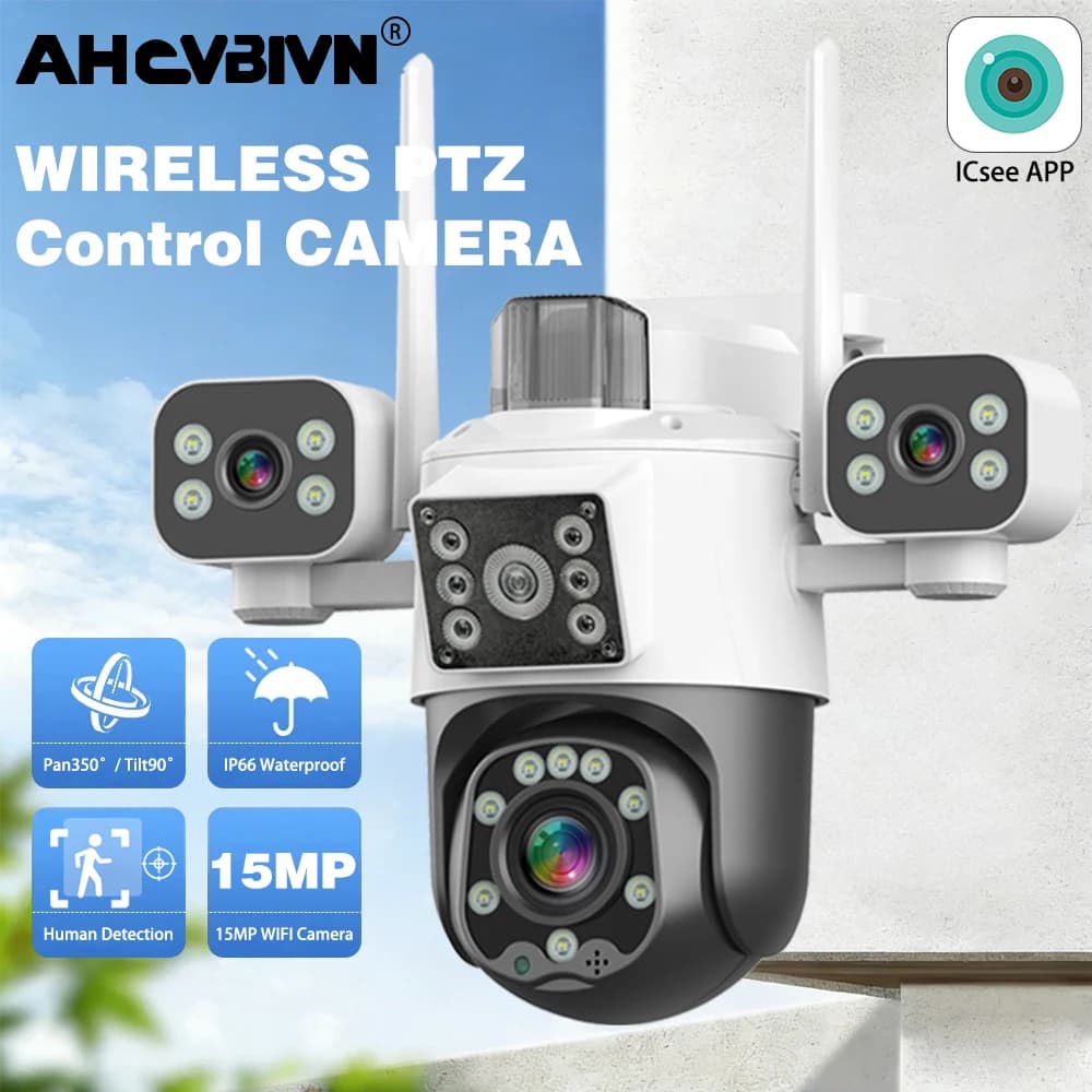 15MP HD WIFI IP Auto Tracking IP66 Telecamera impermeabile Tre schermi Tre obiettivi CCTV Video Sicurezza Visione notturna a colori Cam iCsee