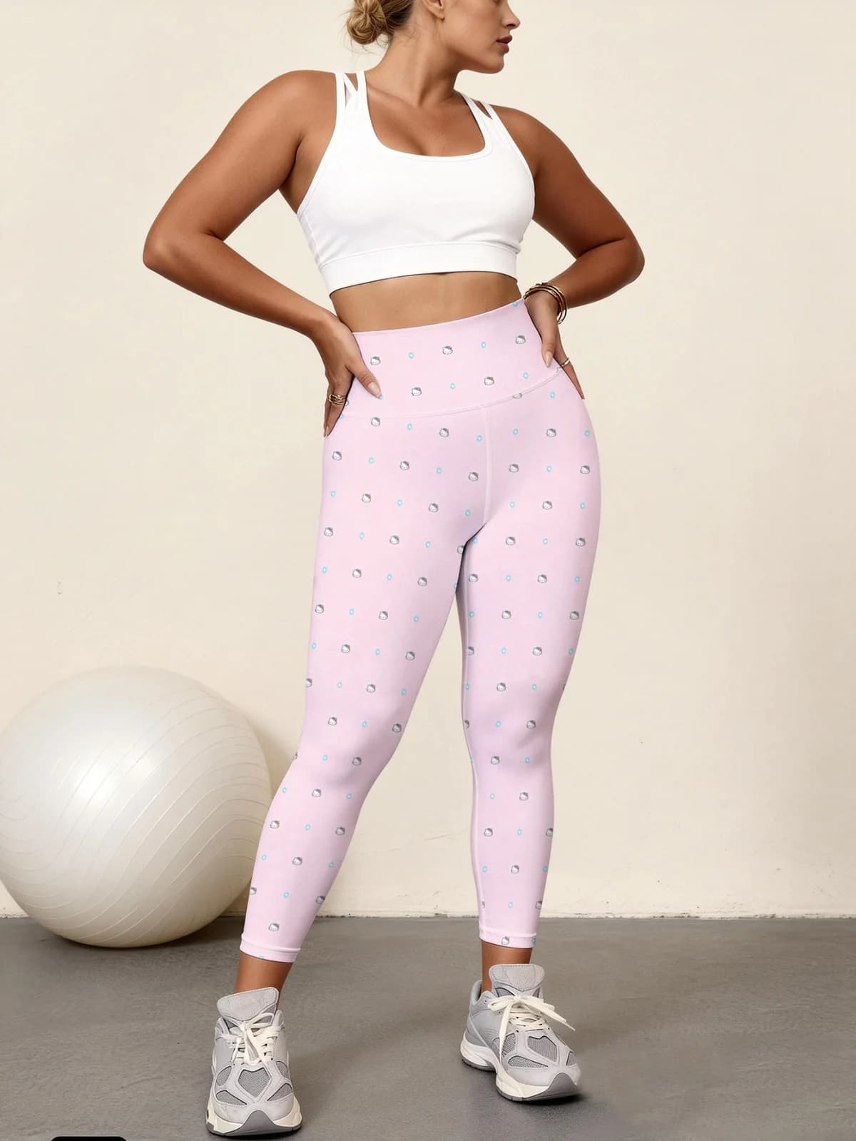 Women's high waist yoga pants with grid print with cartoon kit, light, elasticized and fast drying, ideal for sports.