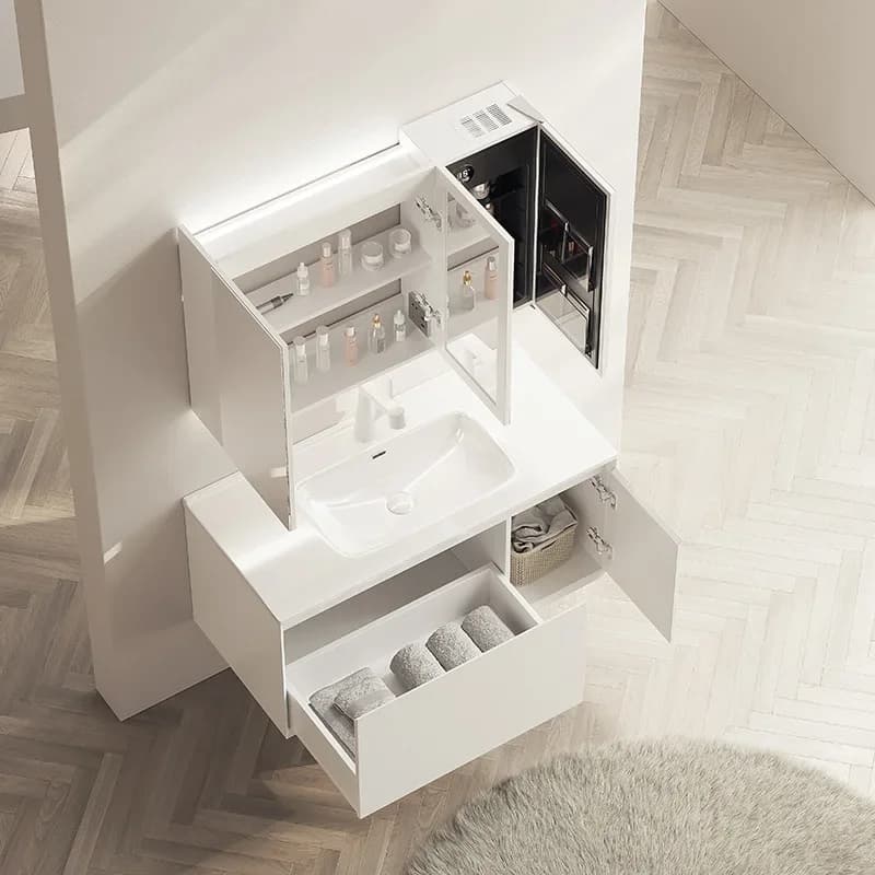 Mobili da bagno moderni bianchi Lavabo integrato in ceramica Semplice armadietto a specchio intelligente Vanity da bagno con lavabo Mobili da bagno