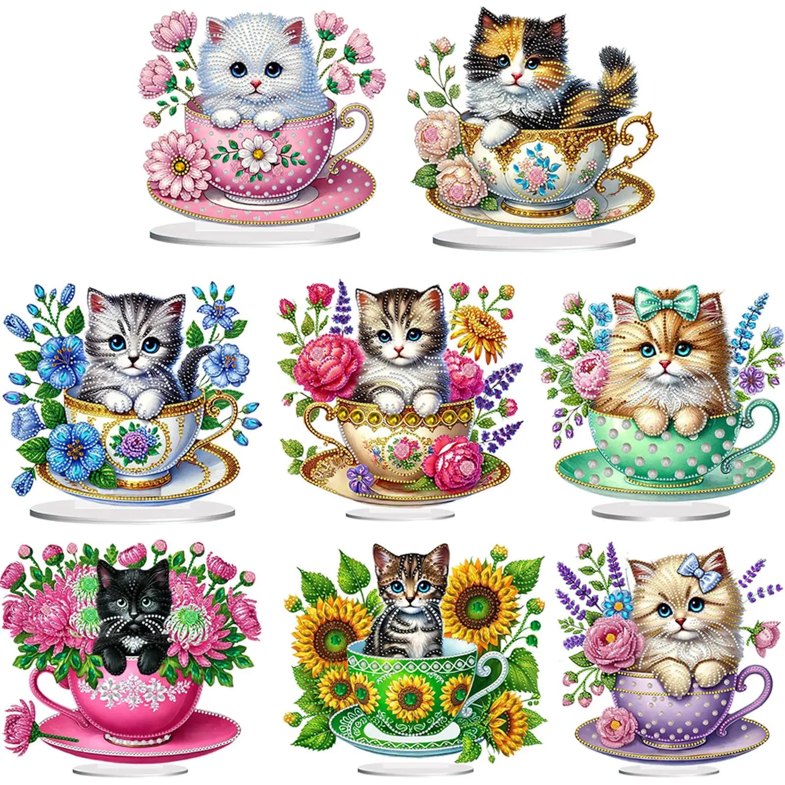 Kit di Pittura Diamantata 2D/Piatta con Gatto in Tazza, Decorazioni da Scrivania Fai-da-Te per Casa e Ufficio