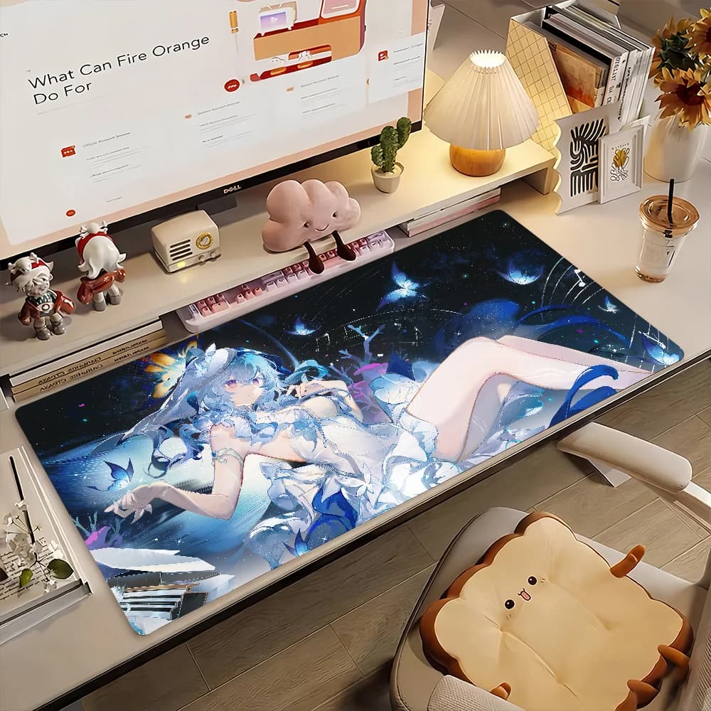 Tappetino per mouse da gaming, antiscivolo, bordi cuciti, stampa anime con ragazza blu subacquea e farfalle, tappetino per tastiera per giocatori, casa e ufficio