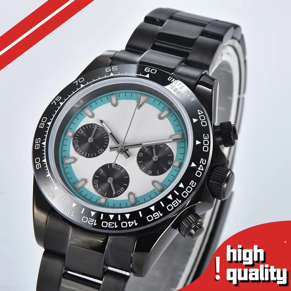 Secondo orologio Time Running Orologio da polso al quarzo da uomo con zaffiro da 40 mm Movimento giapponese VK63 Cassa in acciaio inossidabile nero