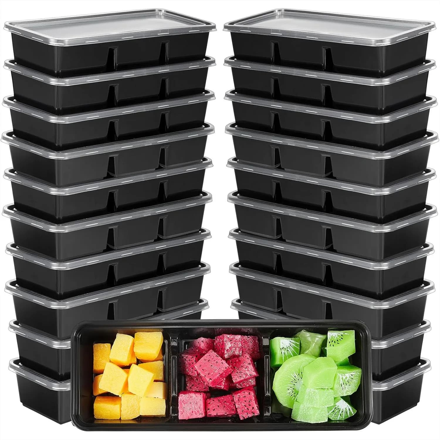 Contenitori per Pasti da 17 oz con 3 Scomparti, Confezione da 10 Scatole Bento in Plastica Usa e Getta per Viaggi, Ufficio, Picnic (Nero)