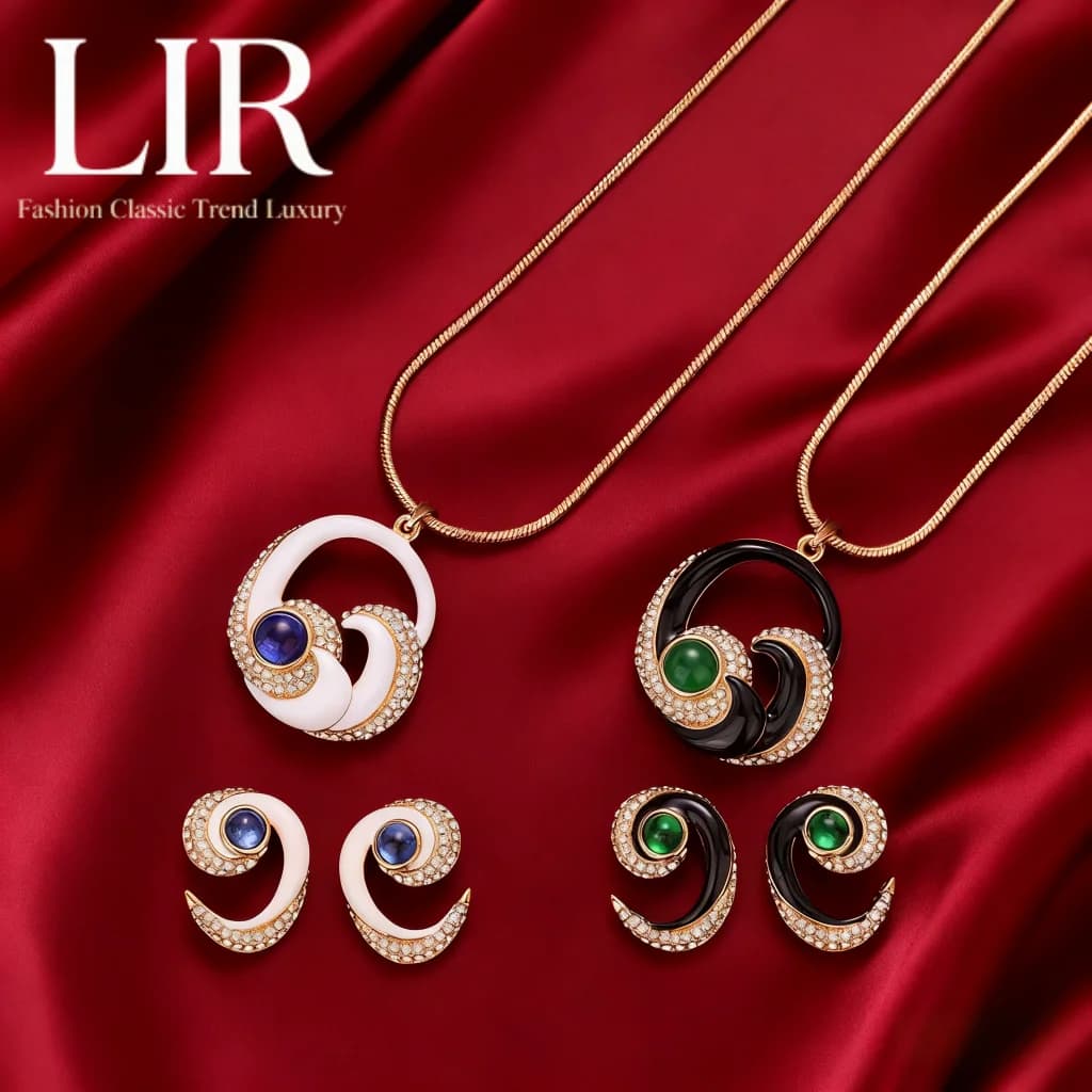 LIR Nuovo set di gioielli in stile palazzo: orecchini con collana Ocean Eye Nero Bianco Lusso versatile