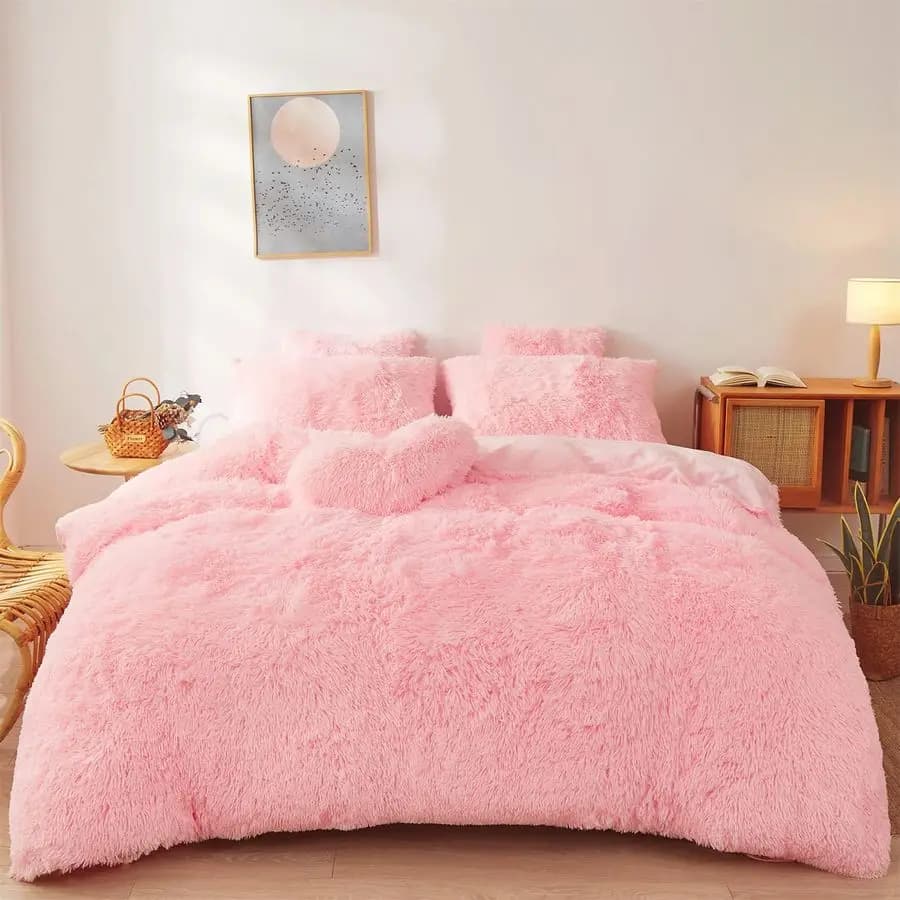 Set Copripiumino in Finta Pelliccia Rosa Queen, Set Biancheria da Letto Ultra Morbido in Peluche Rosa, 3 Pezzi: 1 Copripiumino Soffice, 2 Federe in Finta Pelliccia