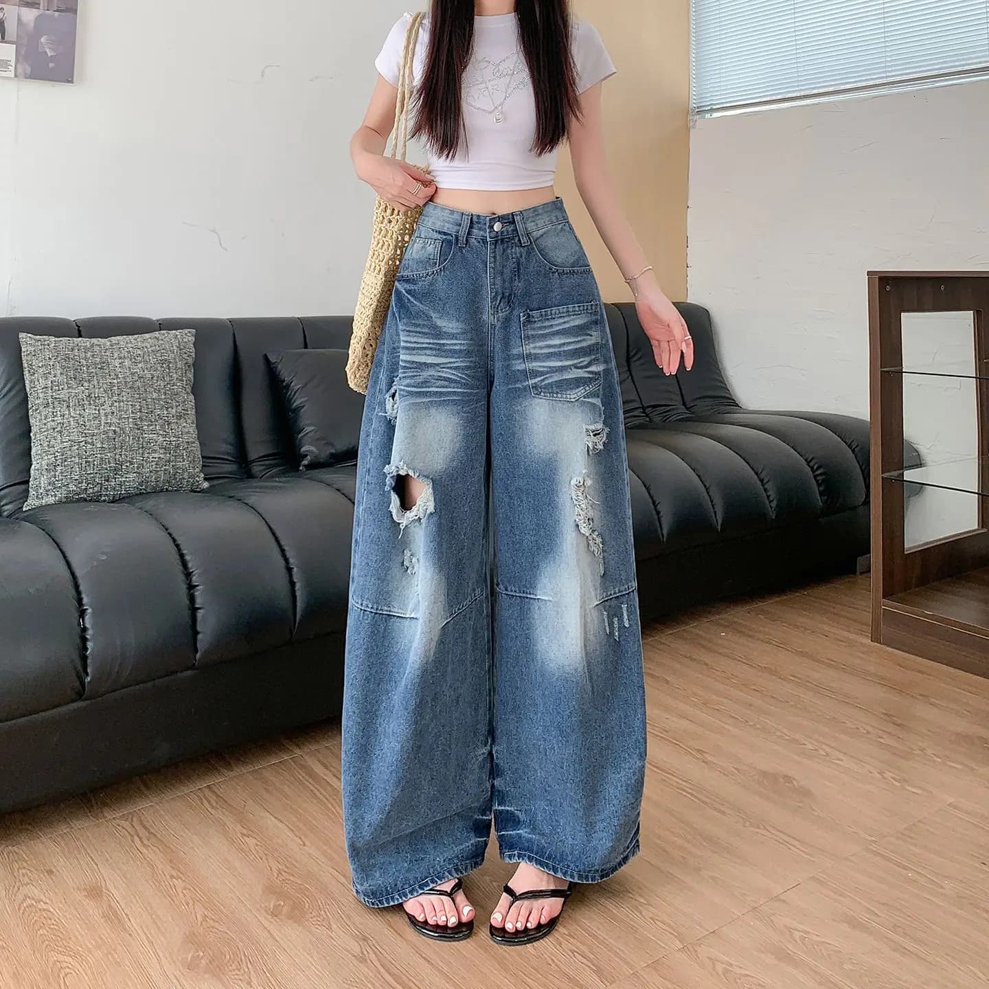American High Street Washed Street Style Women's Summer 2026 New High Waist Loose Wide Leg Retro Long Jeans Denim Pants