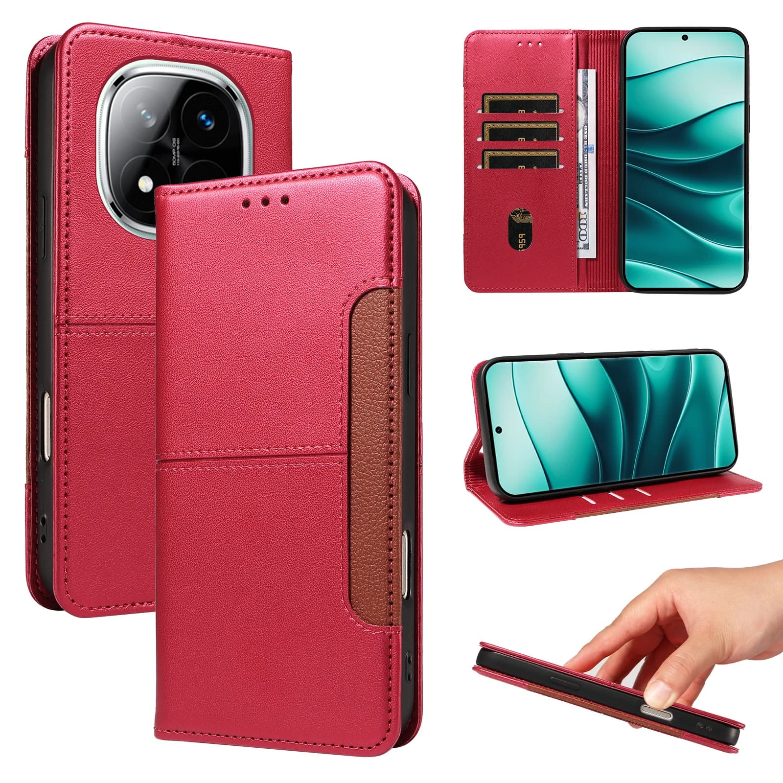 Spliced Flip Cover Protective Case for Redmi Note 15/14/13/12/11/10/9/8 Pro with Card Slot Faux Leather Phone Case
