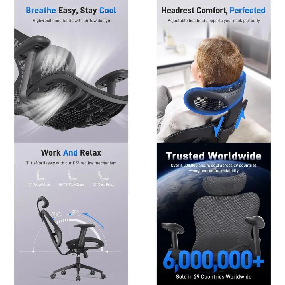 Sedia da Ufficio Ergonomica: Comoda Sedia da Gaming con Rete Traspirante, Braccioli Regolabili, Supporto Lombare per Casa o Ufficio