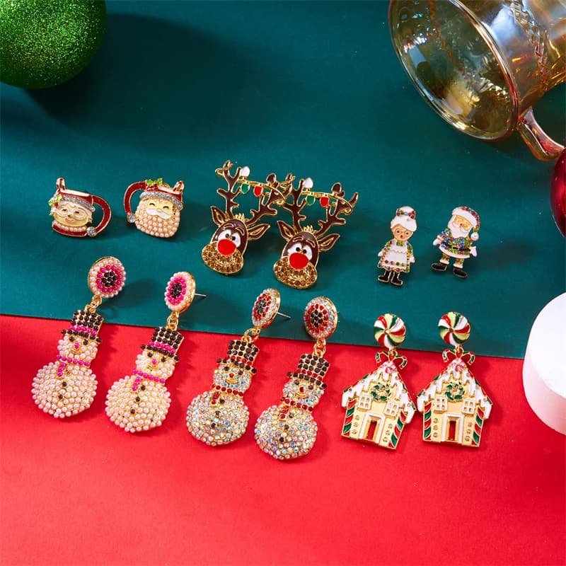 1 Pair Creative Christmas Grandpa and Grandma Zircon Stud Earrings For Women White Pearl Crystal Snowman Elk Earring New Year Jewelry