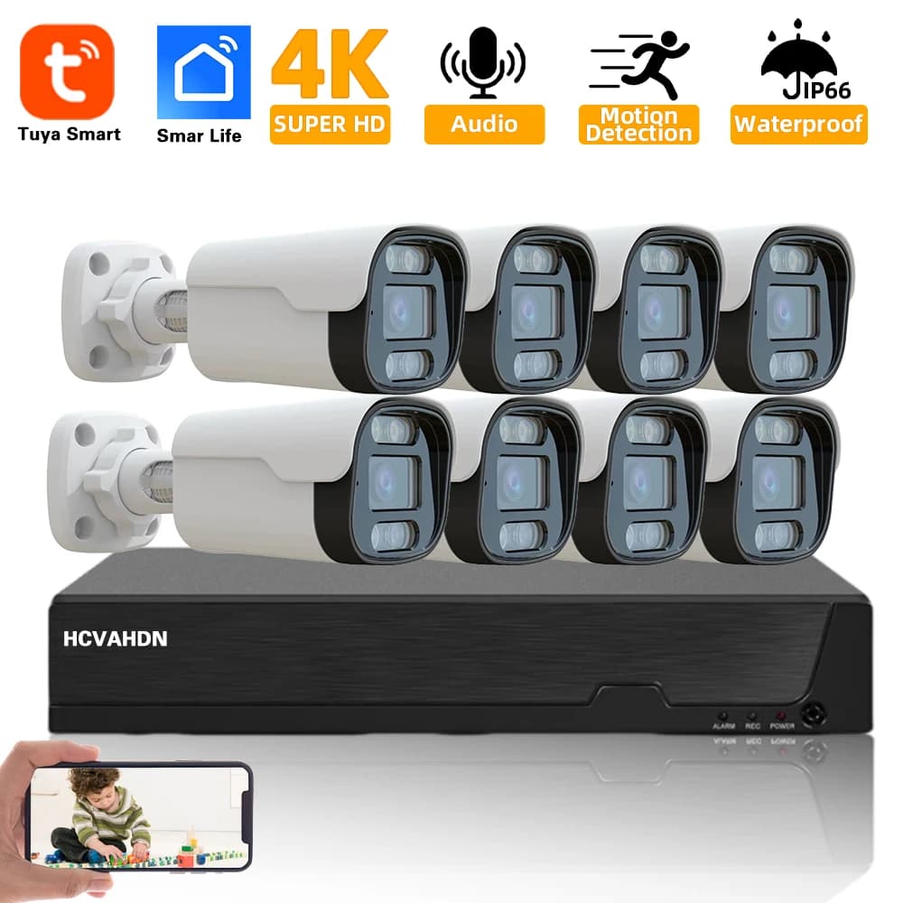 4K 8MP TUYA Security Kit 8CH POE NVR Outdoor Audio Record rilevamento umano Bullet IP Camera videosorveglianza Smart Life System