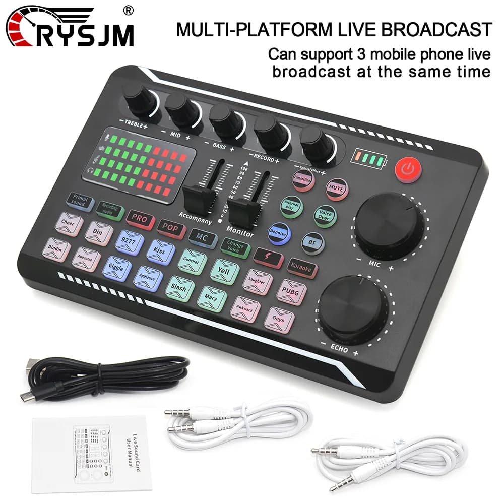 Scheda audio live F998 con mixer DJ, effetti, cambiavoce, interfaccia audio compatibile Bluetooth per streaming live e canto