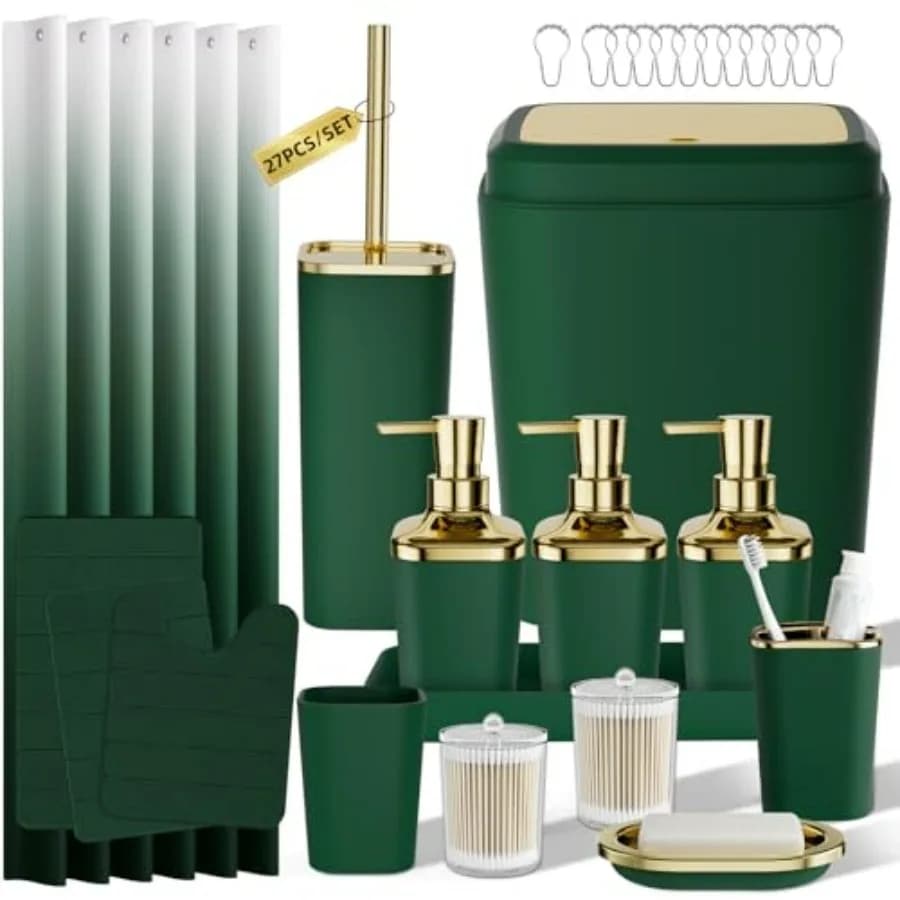 Set da Bagno con Tenda Doccia e Tappetini, 27 Pezzi, Set Accessori Bagno Verde, Set Bagno Verde e Oro, Accessori Bagno S
