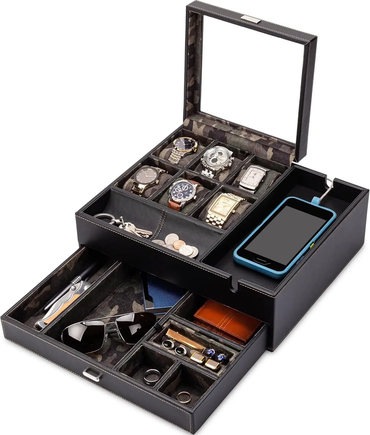 Commander Dresser Valet Watch Box, Mimetic Gifts for Men, Organizer for Men